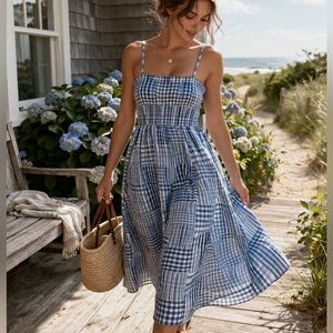 J.Crew Smocked Patchwork Gingham Midi Dress Blue Cottagecore Coastal Sz 8